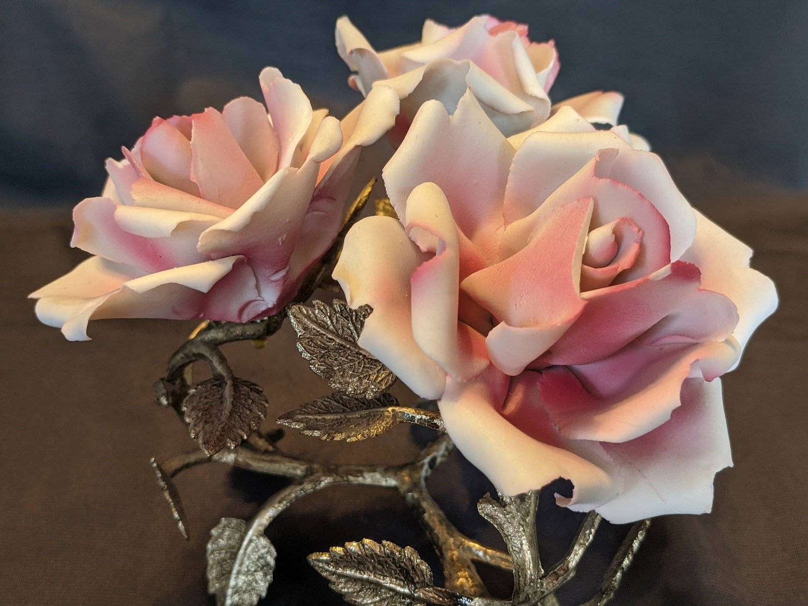 Delicate Porcelain Roses On Brass Stems and Leaves Stand Etsy