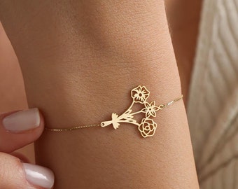 14k Gold Birth Flower Bracelet, Personalized Birth Flower Bouquet Bracelet, Personalized Gift for Christmas, Christmas gifts ,Gift for her