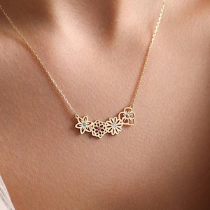 Dainty Birthflower Necklace with Birthstone , 14K Gold Birthflowers and Birthstones Bouquet Necklace, Personalized Gift, Mothers day gift