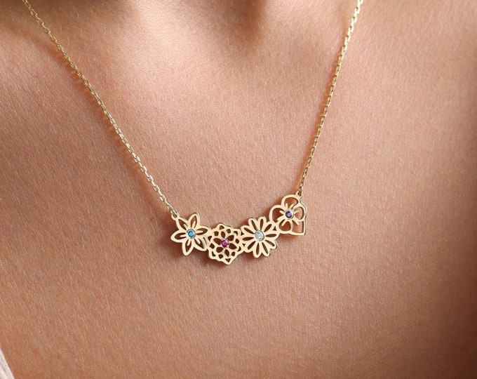 Dainty Birthflower Necklace with Birthstone , 14K Gold Birthflowers and Birthstones Bouquet Necklace, Personalized Gift, Mothers day gift