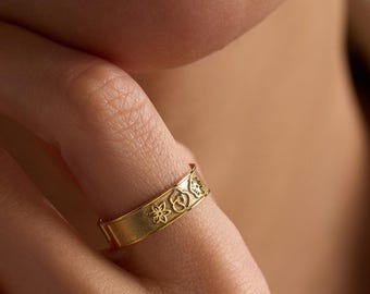 Birth Flower Ring for Mothers , 14k Gold Birth Flower Ring, Birth Flower Jewelry, Personalized Birth Flower Ring, Mothers Day Gifts , Rings