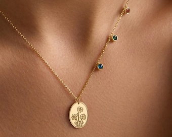 Dainty Birthflower necklace , Personalized Mother Gift, Birthflower Necklace with Birthstone, Family Birthstone necklace, Mothers day gift ,