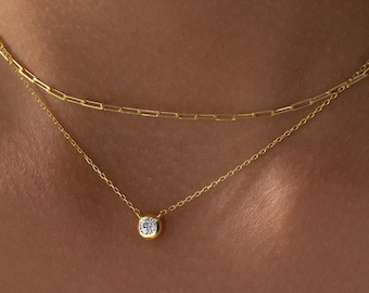 Diamond Solitaire Necklace, Bridesmaid Gift, Dainty Diamond Necklace, Floating Diamond,Diamond Layering Necklace, Valentines Day Gifts