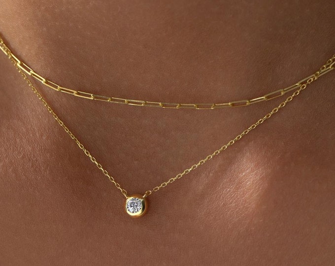 Diamond Solitaire Necklace, Bridesmaid Gift, Dainty Diamond Necklace, Floating Diamond,Diamond Layering Necklace, Valentines Day Gifts