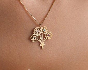 Family Birth flower Necklace , Multiple Birth Flower Bouquet Necklace, Personalized Mother Gift, Birth flower Family Gift, Christmas Gift