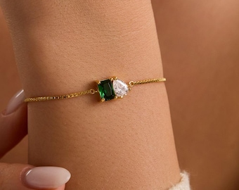 Mother Daughter Birthstone Bracelet, Emerald & Pear Cut Birthstone Bracelet, Personalized Bracelet, Christmas Gift, Anniversary Gift