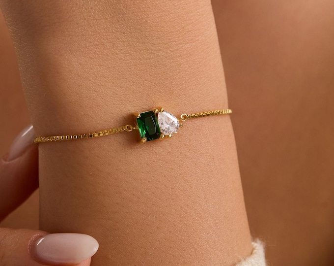 Mother Daughter Birthstone Bracelet, Emerald & Pear Cut Birthstone Bracelet, Personalized Bracelet, Christmas Gift, Anniversary Gift