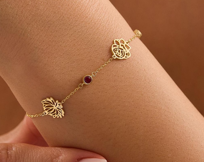 Personalized Birthflower Bracelets , Personalized Christmas Gifts, Birth flower Bracelets with Birthstone, Family Bracelets, Gift for her