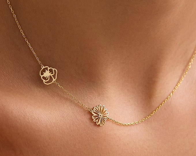 Sideways Birth flower Necklace, Family Birth Flower Necklace, Birth Month Flower, Personalized Jewelry, Christmas Gift, Gift For Mom