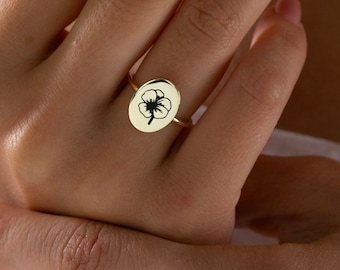 Birth Flower Ring, Floral Ring, Bridesmaid Gift, Minimalist Ring, Dainty Mom Ring, Christmas Gift, Sterling Silver Ring, Gold Signet Ring