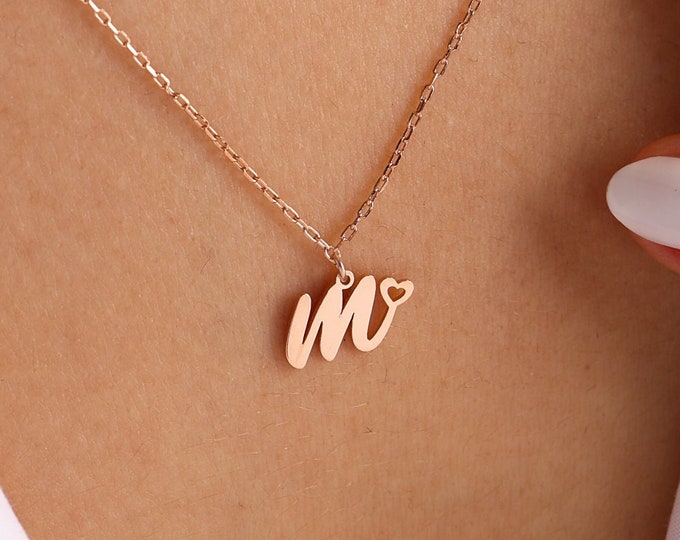 Lowercase initial necklace , Personalized Gift , Tiny initial necklace  , Gold initial necklace , Heart initial Necklace,Mini Heart Necklace