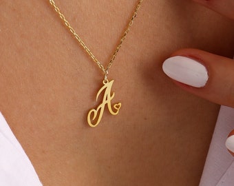 14k Gold Initial Kette mit Herz, Herz Initial Halskette, Buchstaben Halskette, Herz Halskette, Weihnachtsgeschenk, Black Friday sale