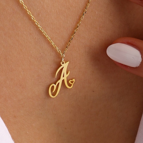 14k Solid Gold Initial Necklace With Heart Heart Initial Etsy