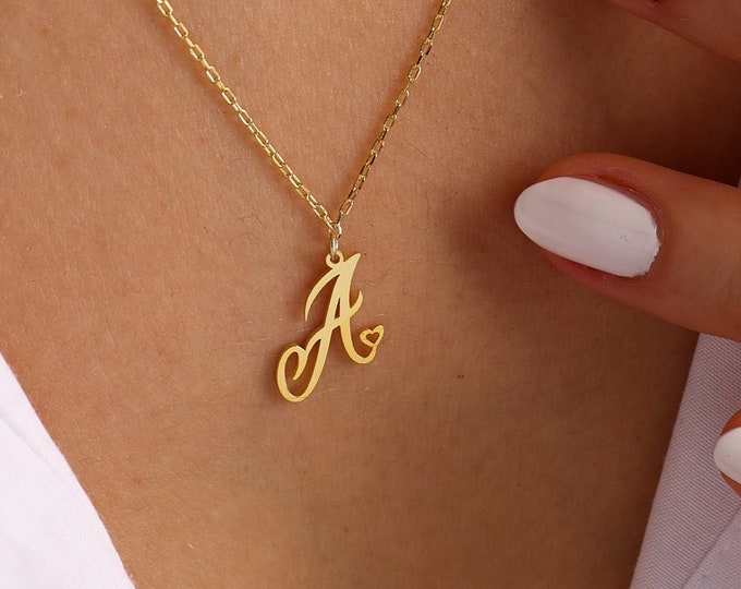 14k solid gold initial necklace with heart ,Heart initial Necklace ,Letter Necklace ,Heart Necklace , Christmas gift , Black friday sale