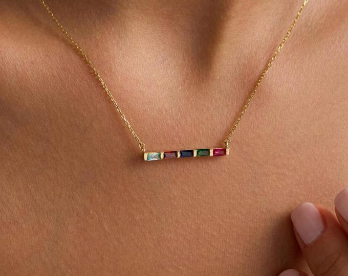Gold Birthstone Necklace, Baguette Birthstone Necklace, Family Birthstone Necklace, Birthstone Necklace for Women, Mothers Day Gift