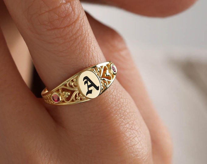 Birthstone Signet Ring , initial Ring, Personalized Ring for women, Letter Ring, Personalized Ring, Christmas Day Gift , Gifts for her