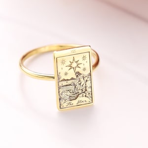 Anillo de tarot, anillo colgante con etiqueta delicada, joyería espiritual, regalo para el mejor amigo, anillo de carta del tarot, regalo del día de la madre, anillo de carta del tarot de oro