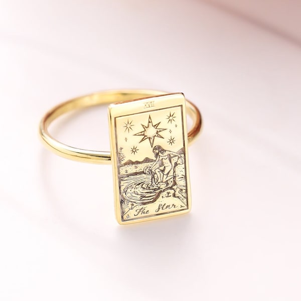 Tarot Ring ,Dainty Tag Pendant Ring  , Spiritual Jewelry , Best Friend Gift , Tarot Card Ring , Mothers day gift , Gold Tarot card ring