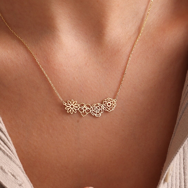 14K massief gouden geboortebloemketting, familieketting voor moeder, geboortebloem sieraden, gepersonaliseerde cadeaus, Moederdagcadeaus, cadeau voor oma