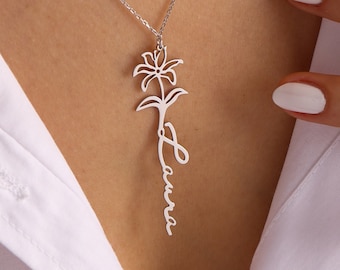 925k Silver Flower  Name Necklace , Birthday Flower Jewelry , Name necklace with birth flower , Personalized gift,Christmas Gift,Floral name