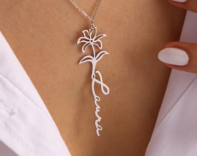 925k Silver Flower  Name Necklace , Birthday Flower Jewelry , Name necklace with birth flower , Personalized gift,Christmas Gift,Floral name