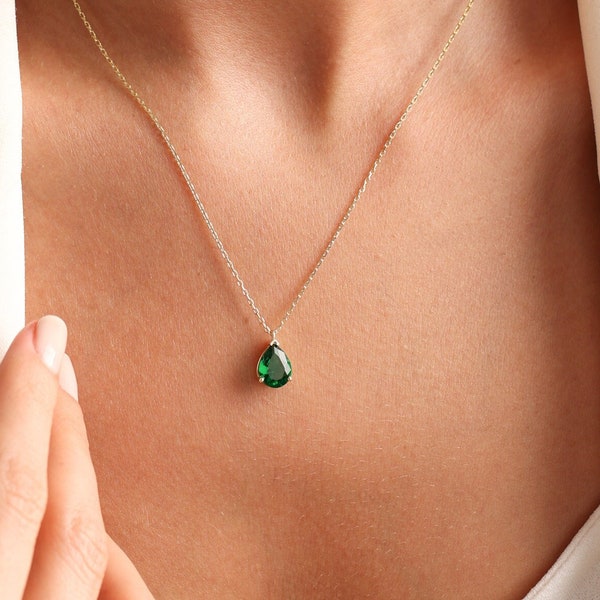 14K Solid gold Emerald Necklace, 14k Birthstone Necklace , Teardrop Emerald Necklace, Mothers day gifts, Anniversary necklace, Gifts for her
