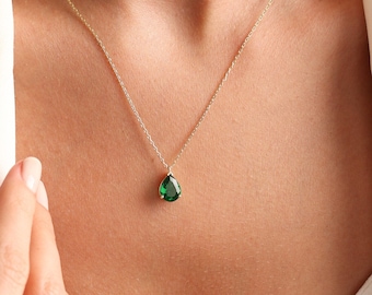 14K Solid gold Emerald Necklace, 14k Birthstone Necklace , Teardrop Emerald Necklace, Mothers day gifts, Anniversary necklace, Gifts for her