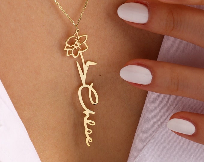 Flower  Name Necklace, Floral Name Necklace, Birthday Flower Jewelry , Flower Necklace, Gold Name Necklace, Personalized gift,Christmas Gift