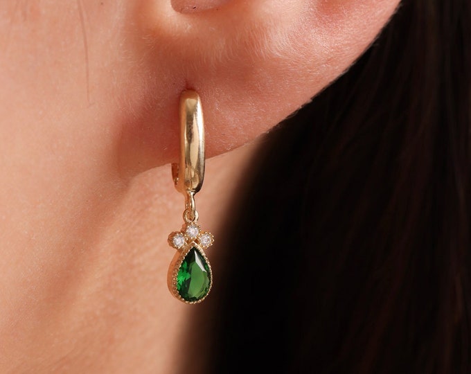 Birthstone Hoop Earrings , Emerald Gold Hoops with Dangling Gemstone Charm , Birthday Gifts for Daughter , Mothers Day Gifts, Mom earring