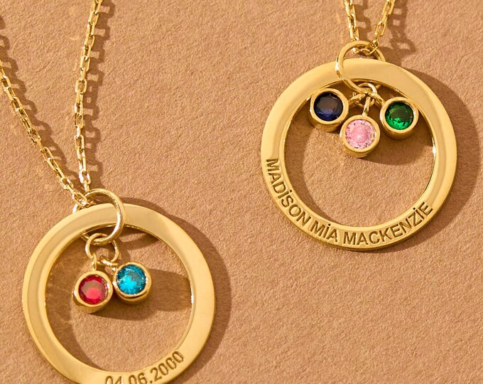 Personalized Gold Birthstone Necklace, Name Necklace with Birthstone, Circle Necklace, Message Engraved on Circle Silver, Engraved Jewelry