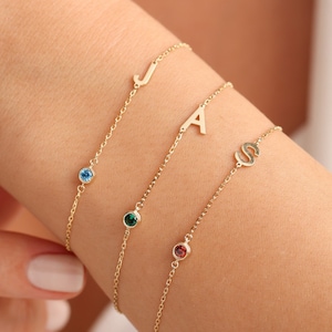 14k Gold initial Bracelet , Personalized Birthstone initial Bracelet , Letter Bracelet, Personalized jewelry, Gift for Her, Mothers Day Gift zdjęcie 3