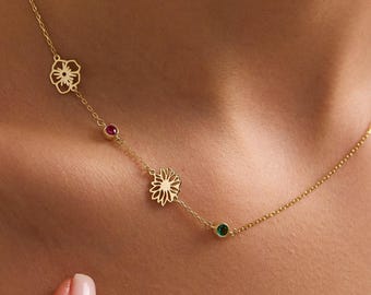 Dainty Birthflower Necklace with Birthstones , Family Birth Flower Necklace, Personalized Jewelry, Christmas Gift, Gift For Mom