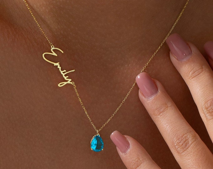 Teardrop Birthstone Necklace, Custom Gemstone Necklace, Personalized Gift for New Mom, Name Necklace, Christmas Gifts, Personalized necklace
