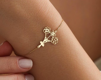 Family Birth Flower Bracelet, Custom Birth Flower Bouquet Bracelet, Personalized Gift , Unique Family Keepsake, Mother days gift