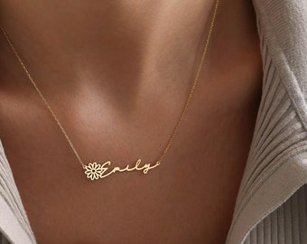 Birth Flower Name Necklace, 14k solid gold Name Necklace For Mom, Birth Flower Jewelry, Personalized Gifts, Christmas Gifts , Mom necklace,