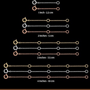 May include: Three chains in gold, silver, and rose gold, each shown in four different lengths: 1 inch, 2 inches, 3 inches, and 4 inches. The chains are all the same style, with small, round links.