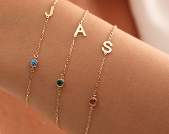 Pulsera inicial de oro de 14k, pulsera inicial de piedra de nacimiento personalizada, pulsera de letras, joyería personalizada, regalo para ella, regalo del Día de las Madres