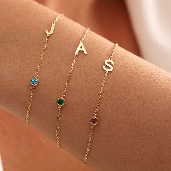 Pulsera inicial de oro de 14k, pulsera inicial de piedra de nacimiento personalizada, pulsera de letras, joyería personalizada, regalo para ella, regalo del Día de las Madres