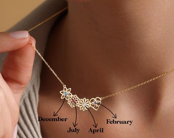 Dainty Birthflower necklace , Personalized Christmas Gift, Birthflower Necklace with Birthstone, Family necklace, Mothers day gift