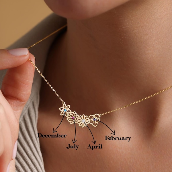 Sierlijke geboortebloemenketting, gepersonaliseerd kerstcadeau, geboortebloemketting met geboortesteen, familieketting, Moederdagcadeau