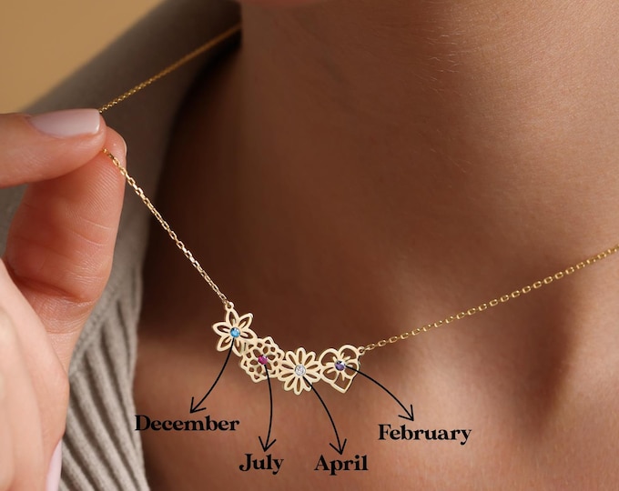 Dainty Birthflower necklace , Personalized Christmas Gift, Birthflower Necklace with Birthstone, Family necklace, Mothers day gift