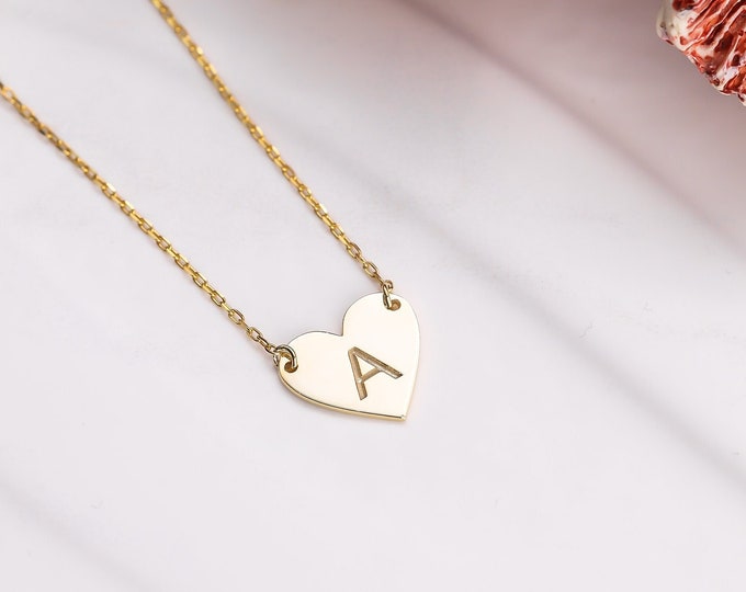 14K Solid Gold Heart Necklace , Heart Name Necklace,  Love Necklace ,Minimalist Heart Necklace,Valentines Day Gift ,Lover Gift ,Gift for her