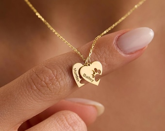 Paw Print Name Necklace with Heart, Personalised Paw Print Necklace, Dog Paw Letter Necklace, Pet Memorial Gift for Her, Dog Lover Necklace