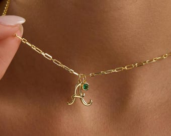 14k Gold Dainty Initial Necklace with Birthstone, 3D Letter necklace, Personalized Christmas Gift for Mother, Gift for Mom