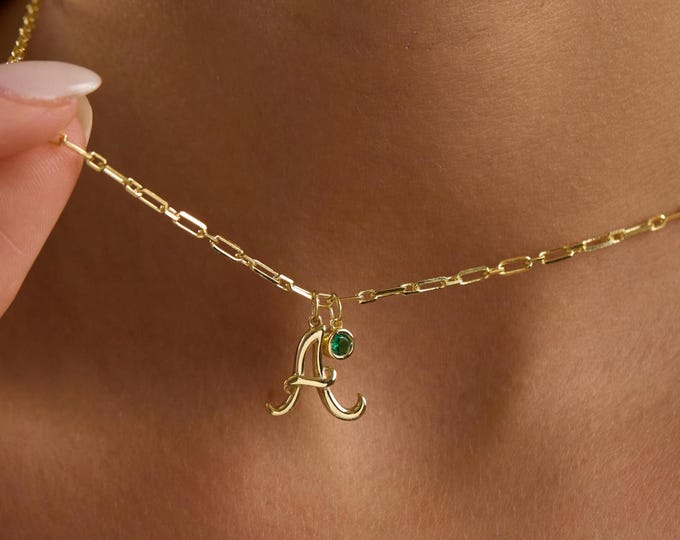 14k Gold Dainty Initial Necklace with Birthstone, 3D Letter necklace, Personalized Christmas Gift for Mother, Gift for Mom