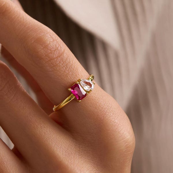 Mini Toi et Moi geboortesteenring, op maat gemaakte stokbrood en peer geslepen beloftering, sieraden voor koppels, cadeau voor haar, geboortesteenring, Toi et Moi-ring