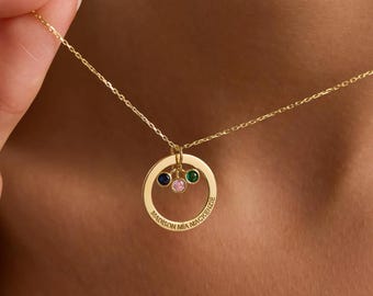 Personalized Gold Birthstone Necklace, Name Necklace with Birthstone, Circle Necklace, Message Engraved on Circle Silver, Engraved Jewelry