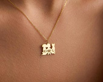 Custom Pet's Necklace, Dog Cat Initials Necklace, Cat Initial Necklace, Pet Lovers Jewelry, Personalized Family Animal Necklace