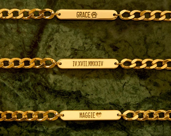 Mini Engraved Bar Bracelet with Curb Chain, Christmas Gift, Custom Engraved Name Bracelet, Gift for Her, Personalized Bar Bracelet
