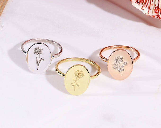 Handmade Birth Flower Ring , Gold Statement Ring , Birthflower Ring Sterling Silver ,Personalized Ring , Christmas Gift , Gift for Mom